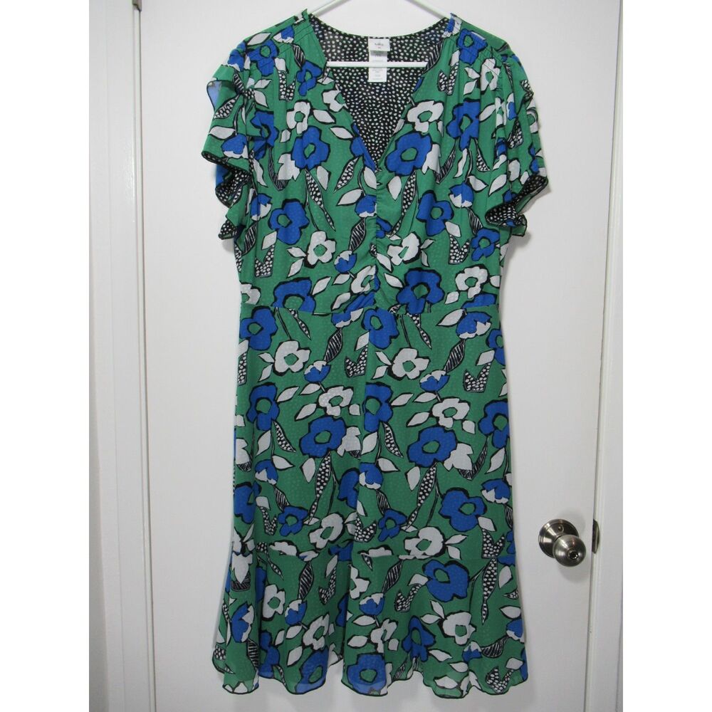 CAbi Celebrate Reversible Green Floral & Black & White Polka Dot Dress Size XL
